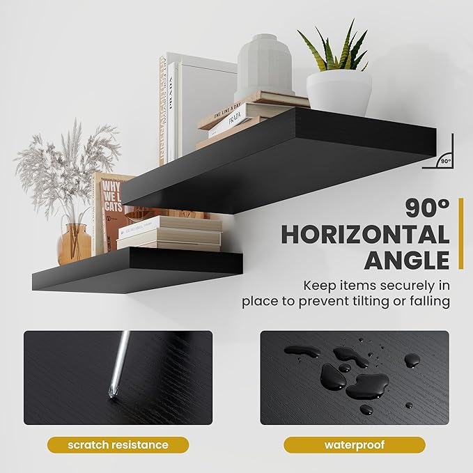 40 Inch Floating Shelves, 9.3" Deep Floating Shelf Wall Mounted, 40" Wall Shelves, Rustic Deep Bookshelf, Large Display Shelves & Storage Shelves for Bedroom, Living Room, Black, Set of 2