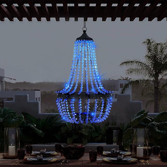 Hanging Solar Lantern Outdoor, 28” Modern Clear Crystal Acrylic Chandelier with 30 Blue Lights S Hook for Garden, Yard, Patio, Gazebo Decorations