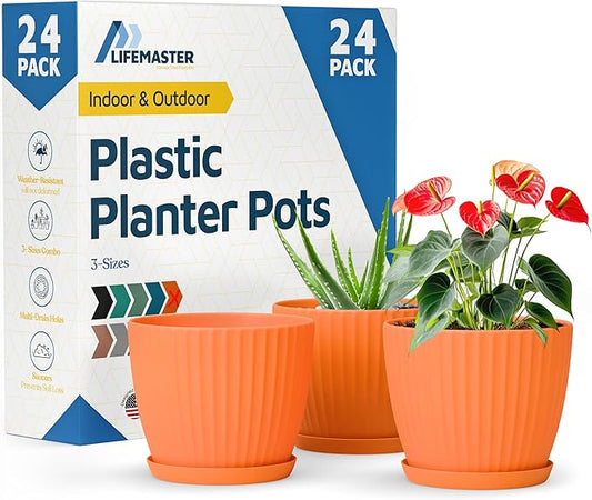 Yellow 6-Inch Plant Pots with Drainage & Saucers 24 Pack, Indoor & Outdoor Planters for Houseplants, Herbs, and Flowers, Durable & Weatherproof Material, Stackable, Lightweight, Minimalist Design