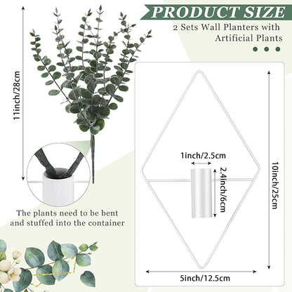 Jexine Hanging Planters with Artificial Eucalyptus Metal Hanging Vase Indoor Plants Holder Modern Geometric Boho Bathroom Wall Decor for Living Room Home Office(White,4 Pcs)