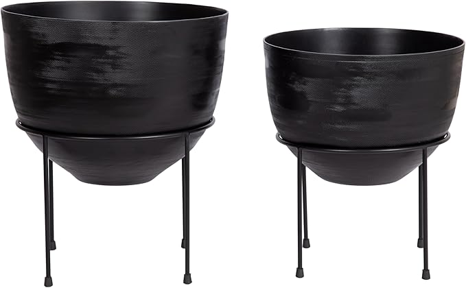 Kate and Laurel Navara Modern Two-Piece Round Metal Planter Set; 2 Piece Set; Black; Planters for Indoor Plants with Engraved Texture and Size for Large Plants