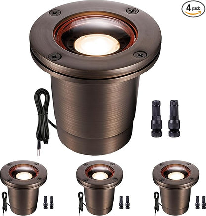 Gardenreet Low Voltage Brass Well Lights - Ip67 Waterproof 12V LED In-Ground Outdoor Light, All Weather Wired Landscape Lighting, Antique Bronze for Pathway Tree Garden Without MR16 Bulb (4 Pack)