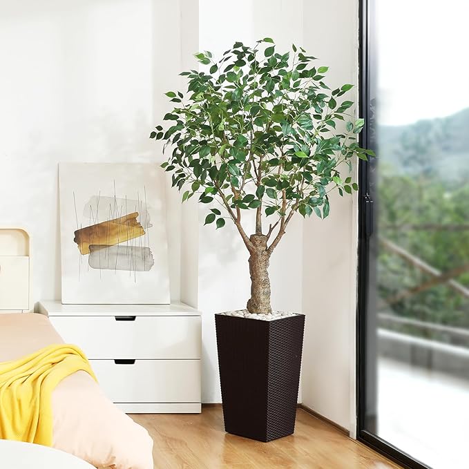 Ficus Artificial Trees Indoor Outdoor, 6ft Tall Fake Plants, Fake Ficus Silk Tree for Home Office Garden Patio Outdoor Modern Decor, 1 Pack