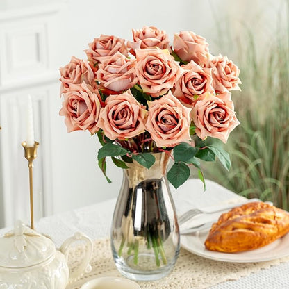 Fake Roses Faux Flowers Silk Roses 16.5In Artificial Roses with Stems Realistic Artificial Flowers Suitable for Indoor Home Decoration Diy Bouquet Wedding Decoration Party Decor 12PCS Khaki