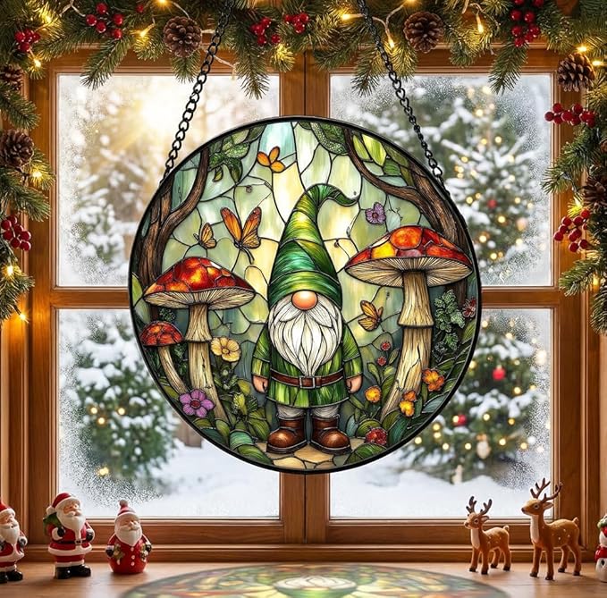 Stained Glass Window Hanging Suncatcher, Forest Gnome Sun Catcher with Mushroom & Butterfly, Stained Glass Home Decor Gift for Women Gardeners & Fantasy Lovers GN05