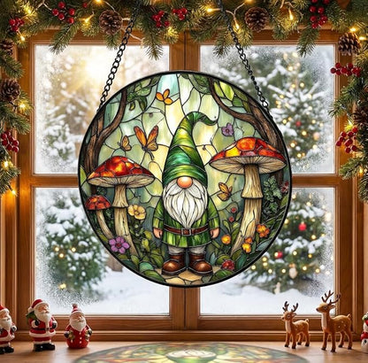 Stained Glass Window Hanging Suncatcher, Forest Gnome Sun Catcher with Mushroom & Butterfly, Stained Glass Home Decor Gift for Women Gardeners & Fantasy Lovers GN05