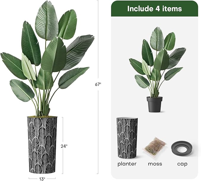 Artificial Tree in Black and White Leaf Design Planter, Fake Bird of Paradise Silk Tree for Indoor and Outdoor Home Decoration - 67" Overall Tall (Plant Pot Plus Tree)