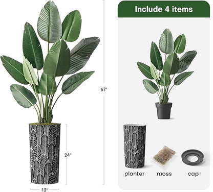 Artificial Tree in Black and White Leaf Design Planter, Fake Bird of Paradise Silk Tree for Indoor and Outdoor Home Decoration - 67" Overall Tall (Plant Pot Plus Tree)