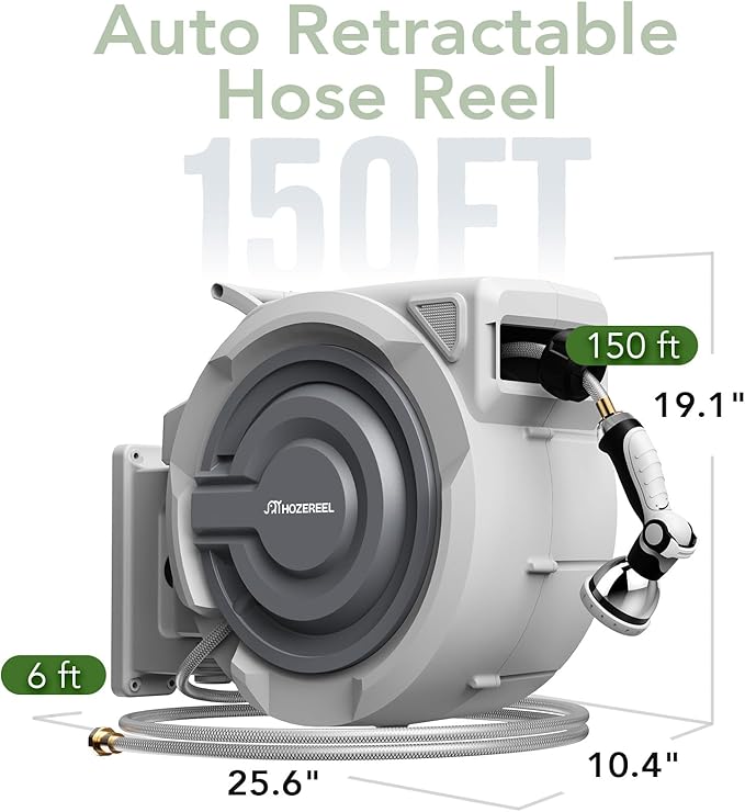150 FT x 1/2" Retractable Garden Hose Reel by HOZEREEL, Outdoor Garden Hose Reels - Automatic Self Retract Wall Mount Hose Reel Enclosed Storage, Any Length Lock, 10 Pattern Nozzle-Grey