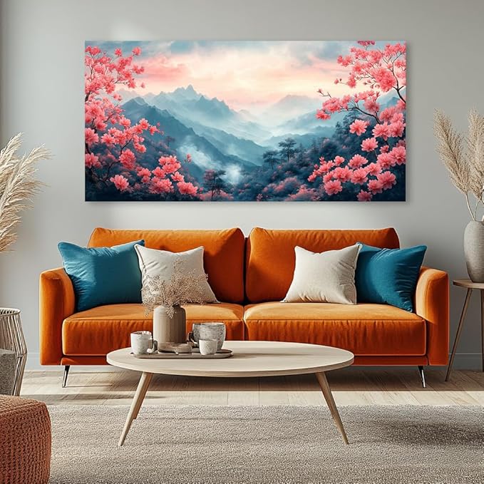 IDAFU Pink Mountain Wall Art for Living Room Office Beautiful Floral Flower Painting Prints Mountain Flowers Landscape Canvas Artwork Girls Bedroom Decor Ready to Hang (24x48 Inches)