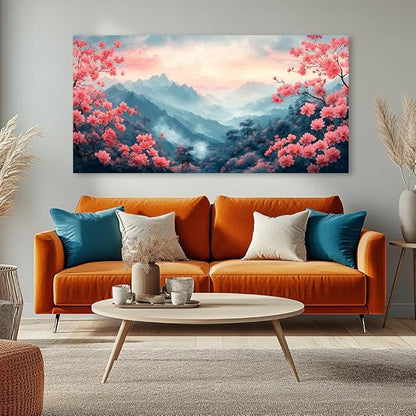 IDAFU Pink Mountain Wall Art for Living Room Office Beautiful Floral Flower Painting Prints Mountain Flowers Landscape Canvas Artwork Girls Bedroom Decor Ready to Hang (24x48 Inches)