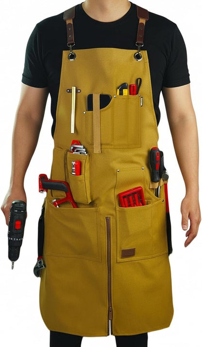 Woodworking Apron, Tool Apron, Canvas, Multiple Pockets, Adjustable Zipper, Metal Ring, Tape Measure Clip, Plus Size, Khaki.