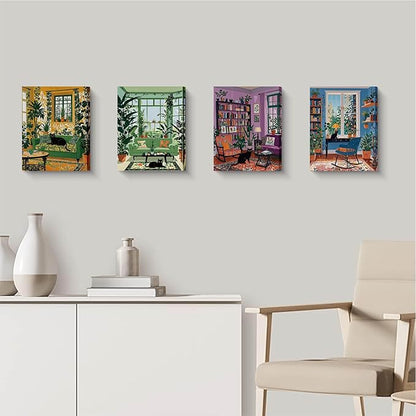 Framed Botanical Garden Living Room Wall Art, Black Cat and Plants Reading Room Home Decor, 4 Piece Canvas Prints 8 x 10 Inch