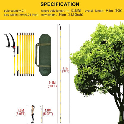 30 Feet Tree Pole Pruner, Durable Tree Trimmers Handle, Manual Branches Trimmer for Garden Tools Loppers Hand Pole Saws Extendable Height with Knives and Storage Pocket