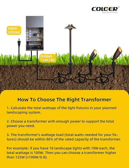COLOER 900W Low Voltage Landscape Transformer with Timer&Photocell, 120V AC to 12V/13V/14V/15V/16V/17V/18V/22V AC Multi-Tap Stainless Steels Weatherproof Landscape Lighting Transformer Outdoor