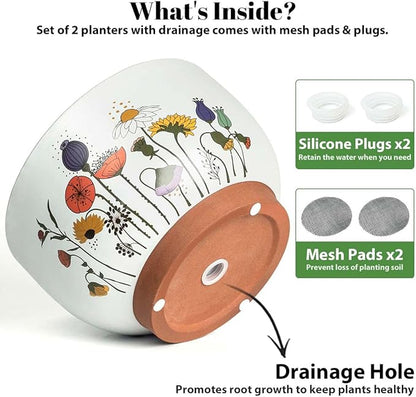 YBX 8 Inch & 6 Inch Terracotta Plant Pots, Flower Pots for Indoor Plants with Drainage, Planters with Floral Accent for Indoor Plants (French Country)