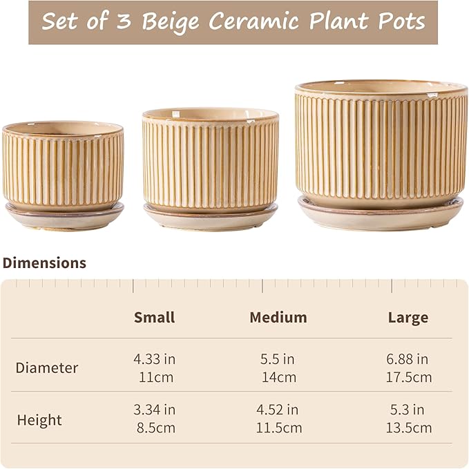 Beige Ceramic Planter Set of 3, Indoor Plant Pots with Drainage Hole, Saucer & Mesh Pads, Ceramic Striped Decorative Plant Pots for Indoor Plants, Garden Pots, Outdoor and Indoors Planters (Beige)