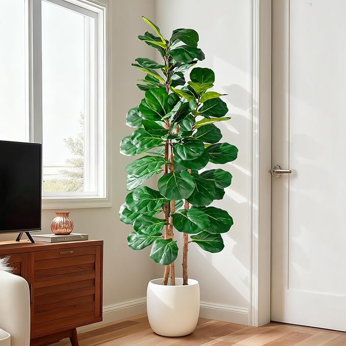 Artificial Fiddle Leaf Fig Tree 5FT, Faux Fig Tree Indoor with Natural Wood Trunk & Realistic Leaves with Moss Pot Fake Ficus Tree Large Faux Floor Plant for Living Room Home Decor, House Plant