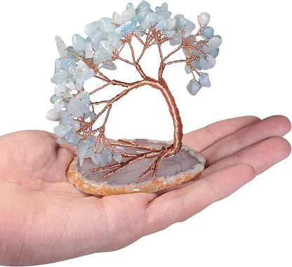 mookaitedecor Natural Aquamarine Crystal Money Tree Agate Slice Base Feng Shui Bonsai Crystal Tree for Wealth Luck Desk Decor, 3-4 Inch High
