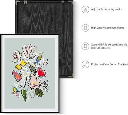 Floral Framed Wall Art for Living Room, Colorful Abstract Paintings, Botanical Poster Art, Green Flower and Bird Canvas Prints, Hummingbird Wall Decor for Bedroom Apartment Dorm Gallery, Modern floral illustration, Gifts for Friends or Family - 16" x 12"