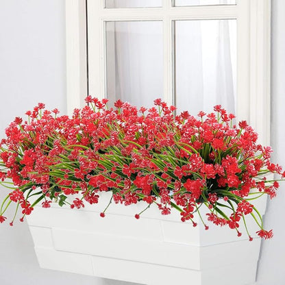 Artificial Flowers Outdoor UV Resistant Fake Plants Indoor Outside Hanging Planter Home Garden Decor, 10 Bundles (Red)