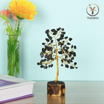YATSKIA Black Tourmaline Crystals - Gemstone Tree - Black Tourmaline Decor - Artificial Money Tree - Mini Artificial Trees - Tourmaline Gemstones - Spiritual Trees