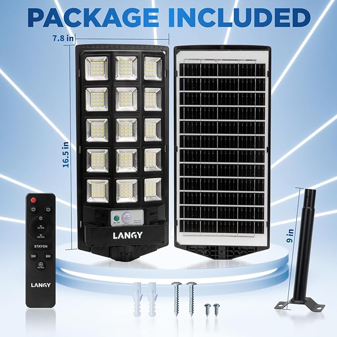 LANGY Solar Street Lights Outdoor 4 Pack, 6500K Solar Lights Outdoor Dusk to Dawn with Motion Sensor & Remote Control, IP66 Waterproof LED Flood Security Lights for Outside Garden Yard Parking Lot