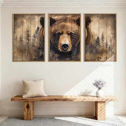 ANHUIB Brown Bear Wall Art 16x24 Inch Forest Paintings Rustic Wildlife Wall Decor Set of 3 for Living Room Bedroom Dining Room