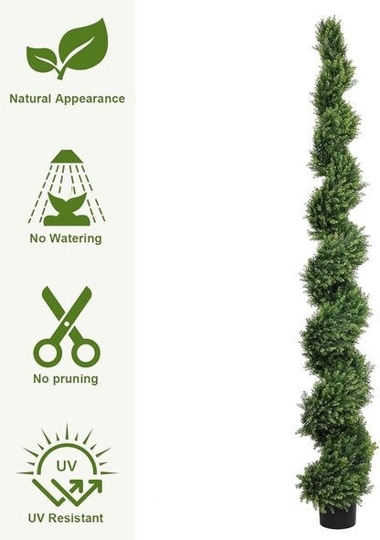 THE BLOOM TIMES 7ft Spiral Artificial Topiary Trees Set of 2, 82 inch Faux Cedar Trees for Outdoor Planters - Fake Twist Cypress Plants for Garden Front Porch Indoor Outside Christmas Decor 7 Foot