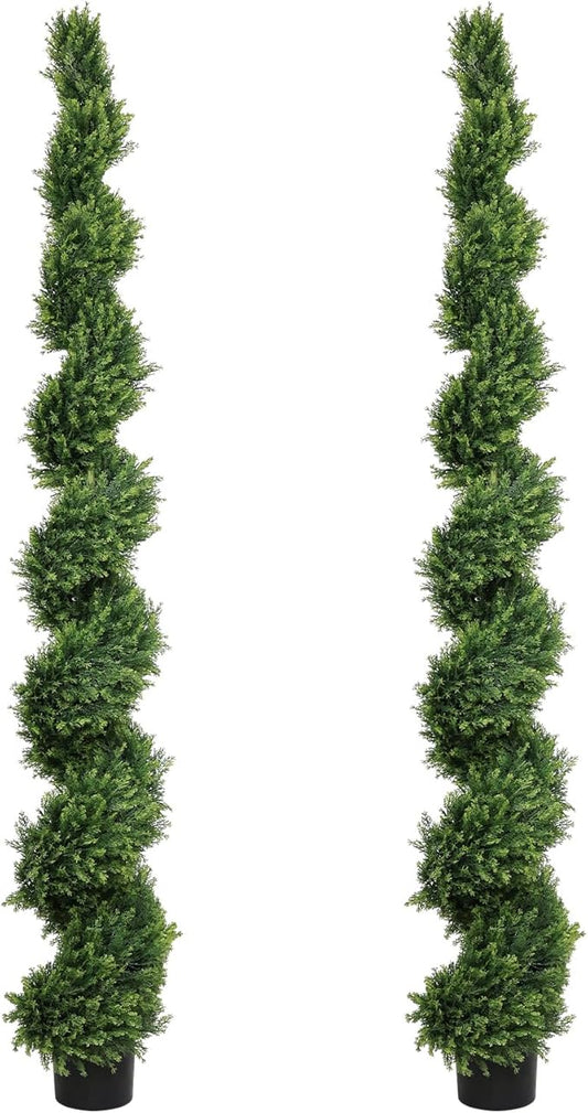 THE BLOOM TIMES 7ft Spiral Artificial Topiary Trees Set of 2, 82 inch Faux Cedar Trees for Outdoor Planters - Fake Twist Cypress Plants for Garden Front Porch Indoor Outside Christmas Decor 7 Foot