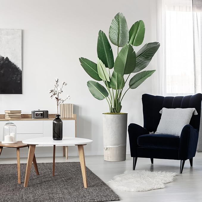 Artificial Tree in Gray Tan Watercolor Abstract Planter, Fake Bird of Paradise Silk Tree for Indoor and Outdoor Home Decoration - 67" Overall Tall (Plant Pot Plus Tree)