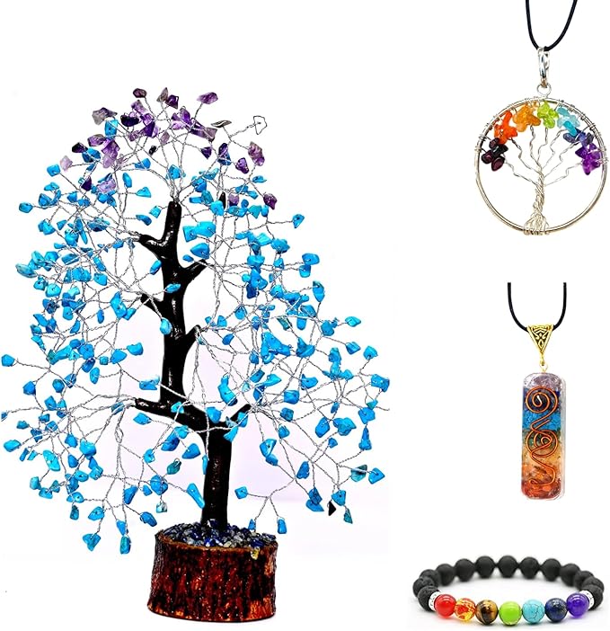 Turquoise & Amethyst Artificial Gemstone Tree with Silver Wire – Handcrafted Decorative Bonsai for Positive Energy & Home Décor