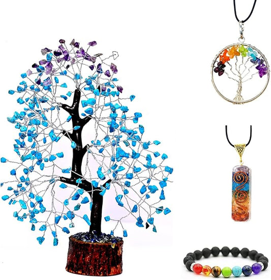 Turquoise & Amethyst Artificial Gemstone Tree with Silver Wire – Handcrafted Decorative Bonsai for Positive Energy & Home Décor