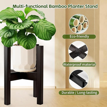 Adjustable Bamboo Plant Stand for Indoor Plants, Holder Rack Fits 8"-12" Pots for Living Room, Bedroom, Corner - Space Saving Shelf (Pot & Plant Not Included)(Black)