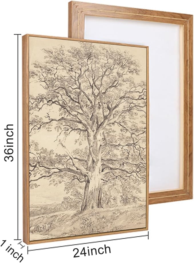 Ausril Vintage Sketchbook Forest Framed Canvas Wall Art Set, Neutral Minimalist Tree Wall Decor, Wilderness Illustration Wall Painting, Retro Botanical Art Print Living Room, Bedroom, Office-36"x24"x3