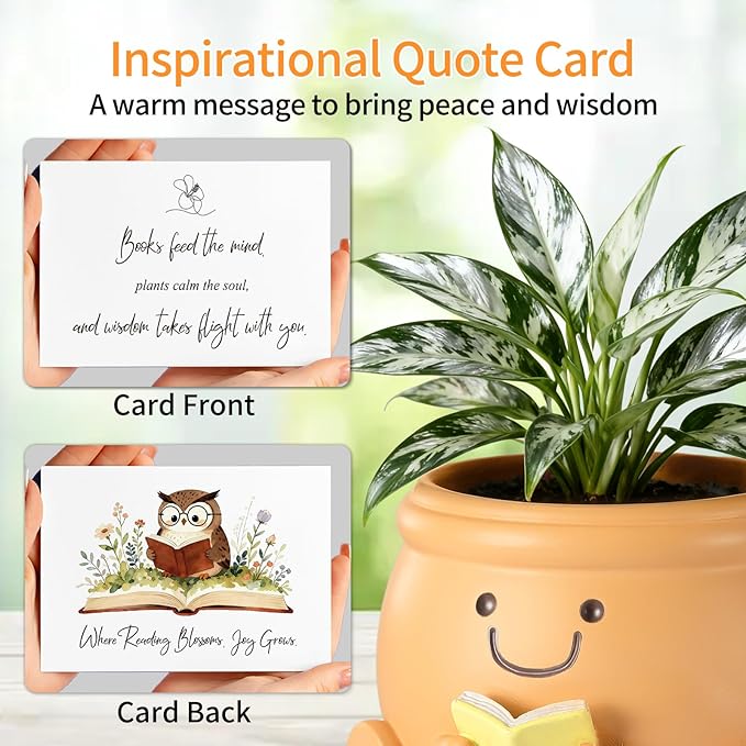 Book Lover Gift Set - Cute Reading Planter Pot with Positive Crochet Owl & Quote Card, Cozy Desk Decor for Teachers, Librarians, Women, Colleague, Friends