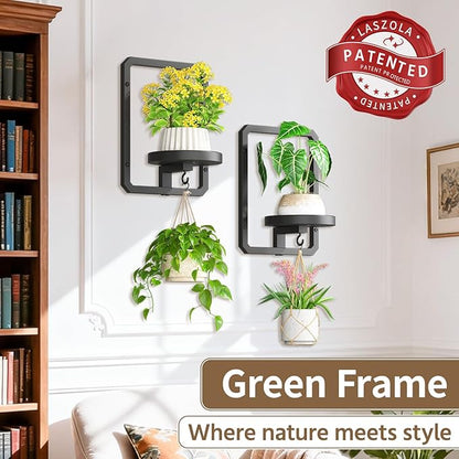 LASZOLA 3 Pcs Black Wall Mount Plant Shelves with Hangers for Indoor Flower, Heavy Duty Metal Window Floating Planter Holders Stand, Modern Iron Picture Frame with Hook Decorative for Kitchen Bathroom