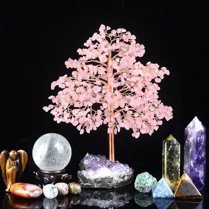 Rose Quartz Tree Gemstone Crystal Tree of Life,Amethyst Cluster Base,Healing Pink Crystal Chakra Balancing Positive Energy,Table Bonsai Feng Shui Decor Money Tree 10"-11"