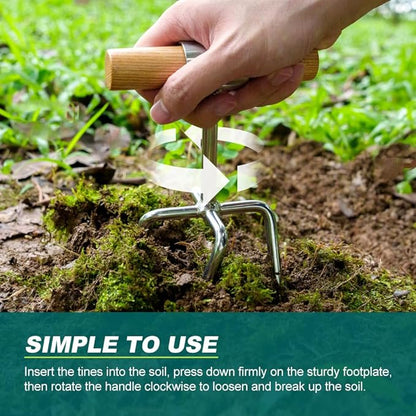 Berry&Bird Twist Tiller - 4 Stainless Steel Tines Hand Tiller for Aerating, Loosening Soil and Removing Weed, Garden Cultivator Tiller with Wooden Handle, Perfect for Raised Beds, Borders & Containers