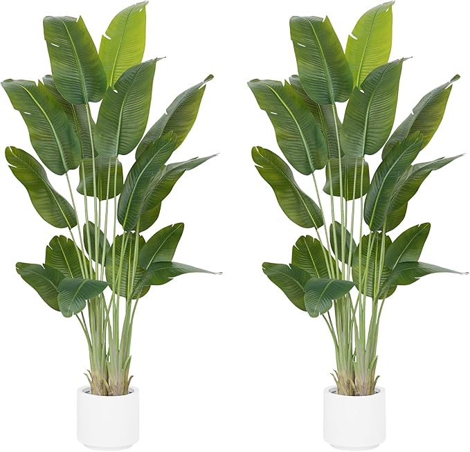 Artificial Bird of Paradise Plant 7.5Ft Tall Fake Tropical Palm Tree Large Fake Plants with 18 Silk Banana Leaves Faux Plant Indoor Decor Trees White Pot for Home Bedroom Living Room Office 2pcs