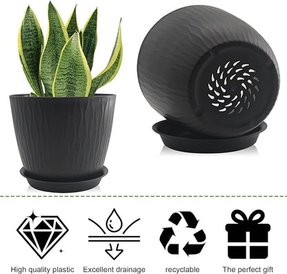 8/7/6 inch Plant Pots, 3 Pack Flower Pots for Outdoor Indoor Garden Plants, Large Planters with Multi Mesh Drainage Holes and Saucer (Black, 8"+7"+6")