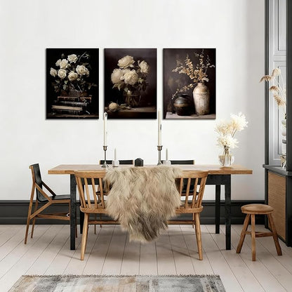 Kdyudo3 pcs Vintage Moody Floral Book-Framed Canvas Wall Art, Dark Mood Still Life Floral Print Paintings Vase Rose Plant Farmhouse Decor, Dark College Posters, Kitchen, Bedroom, Office, 16x24 inch