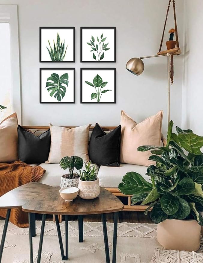 ArtbyHannah Framed Bathroom Wall Decor, 10x10 Inch Botanical Wall Art with Sage Green Plant Print for Wall Decoration, Minimalist Restroom Decor (Black)