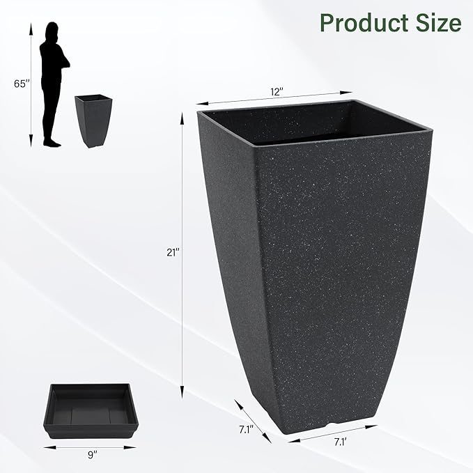 Set of 2 Tall Planter, 21 inch Large Plastic Planter with Drain Hole & Saucers, Large Outdoor Planters for Porch, Garden, Patio, Balcony(Lead Gray)