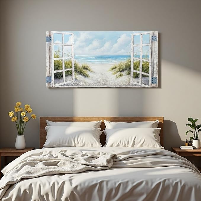 Window Beach Wall Art Prints Large tropical Seascape Picture Coastal Ocean Landscape Canvas Bedroom Blue Ocean Artwork Relaxing Living Room Sea Scene Painting Horizontal Summer Seascape Decor 48 x 24