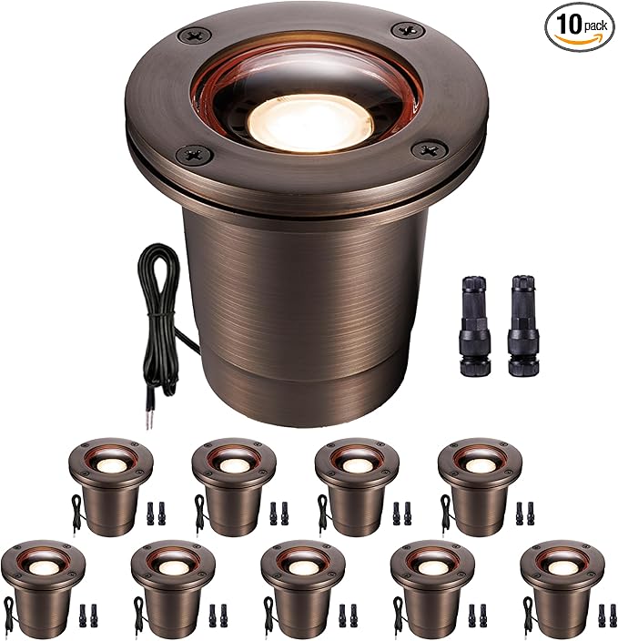 Gardenreet Brass Outdoor Well Lights Low Voltage - IP67 Waterproof 12V In-Ground Light, Hard-Wired LED Landscape Lighting, Antique Bronze for Garden Tree Pathway Without MR16 Bulb (10 Pack)