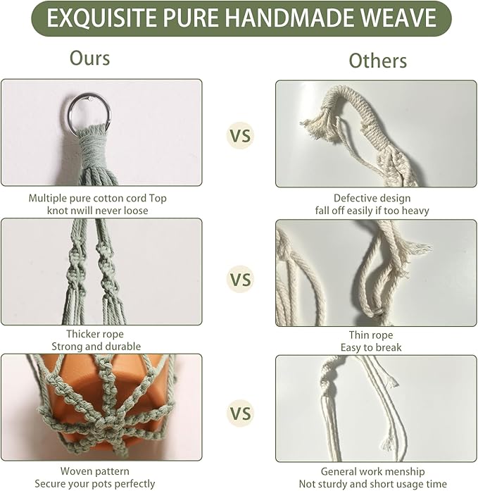 Artilady Macrame Hanging Planter for Indoor Plants, Boho Woven Plant Hanger Large Hanging Flower Pot Holders Outdoor Baskets Storage No Tassels Sage Green Wall Decor