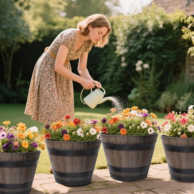 Large Plant Pots, 22.25 Inch 2 Pack Plastic Whiskey Barrel Planters, Big Flower Pots Wine Barrel Design for Outdoor Indoor, Garden, Porch, Patio, Backyard