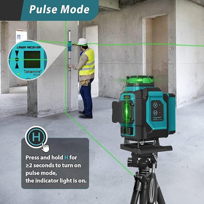 Takamine 16 Lines Green Laser Level Pro, 4x360° 4D Green Cross Line Professional for Construction, Two 360° Vertical and Two 360° Horizontal Laser Level Pulse Mode and Remote Controller