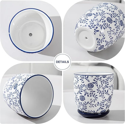 Ceramic Succulent Planter Pots - 4.6 Inch Small Flower Pot with Drainage Holes and Saucers for Indoor Plant, Cactus, Herbs, Outdoor Plants, Home Decor, Set of 4, Vintage Blue